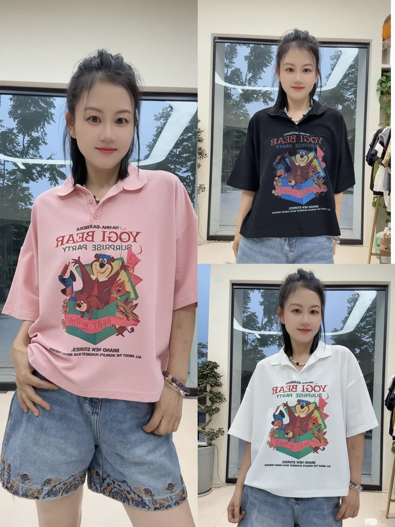 【摩姐姐欧韩】88221夏款 卡通小熊宽松短款POLO衫短袖