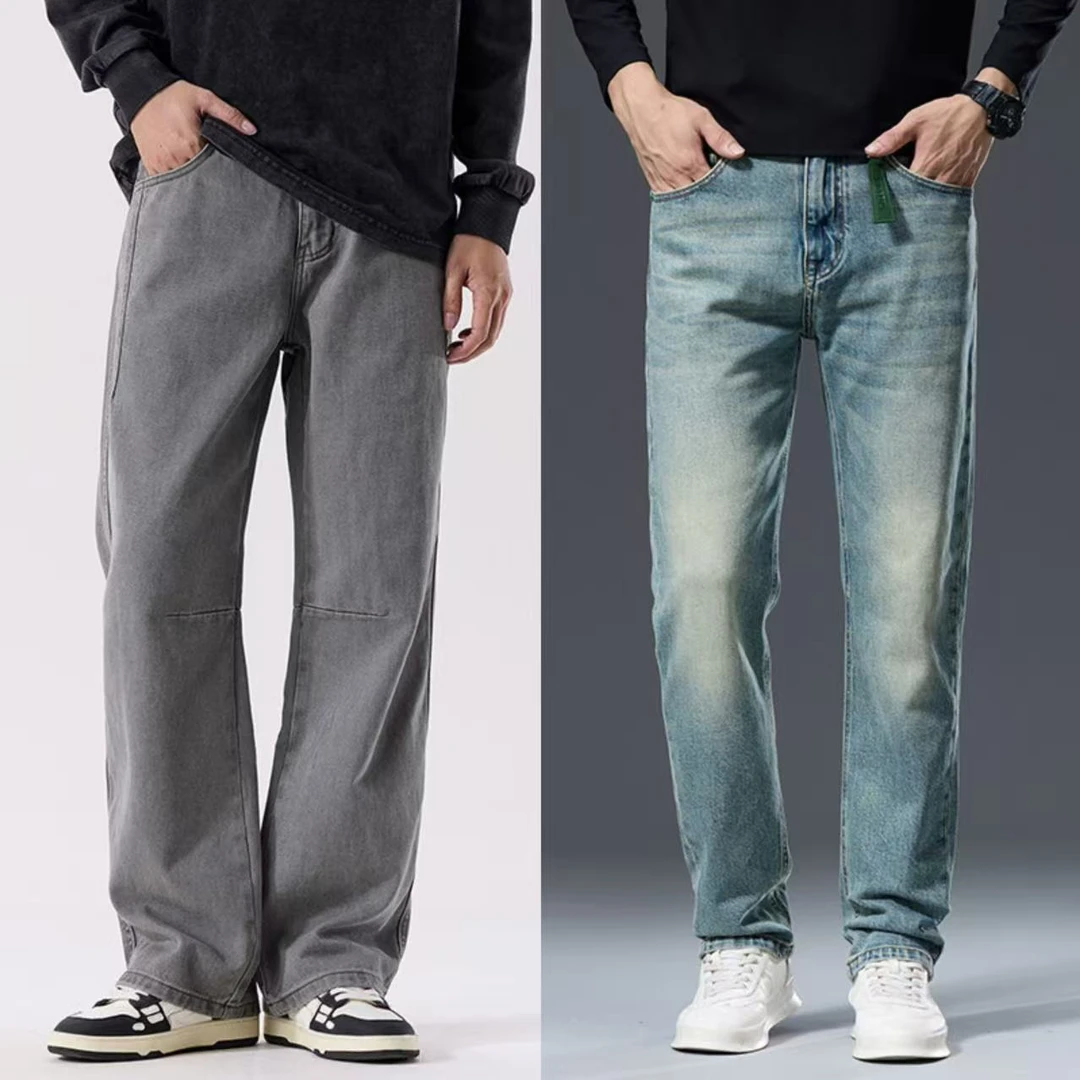 男士直筒牛仔瑕疵裤