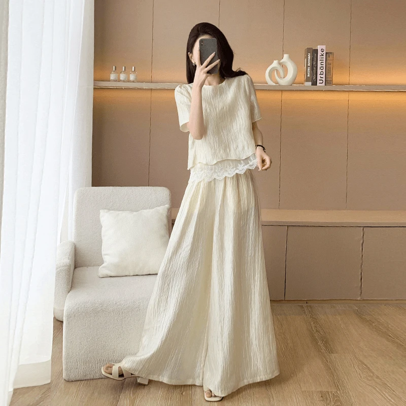 法式温柔风淑女休闲时尚套装女夏季新款拼接减龄显瘦阔腿裤两件套