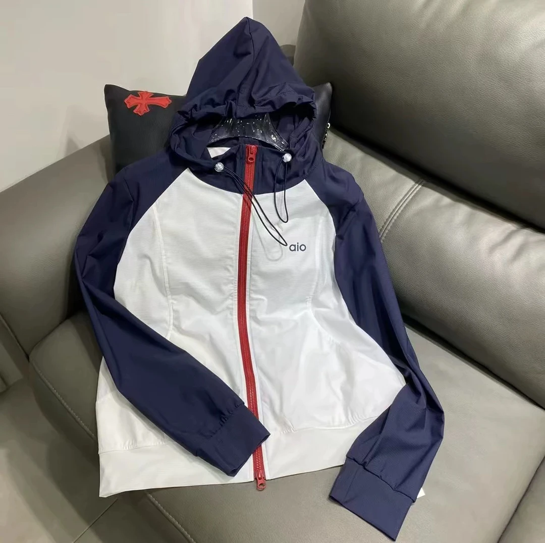 6257女防晒连帽宽松型短款夏季短外套风衣撞色夏季透气