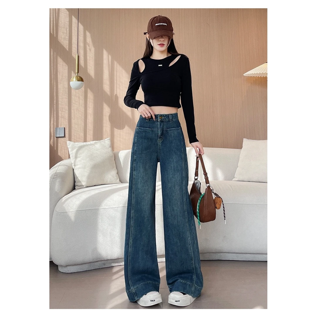 3375春秋新款高腰宽松复古阔腿直筒牛仔裤