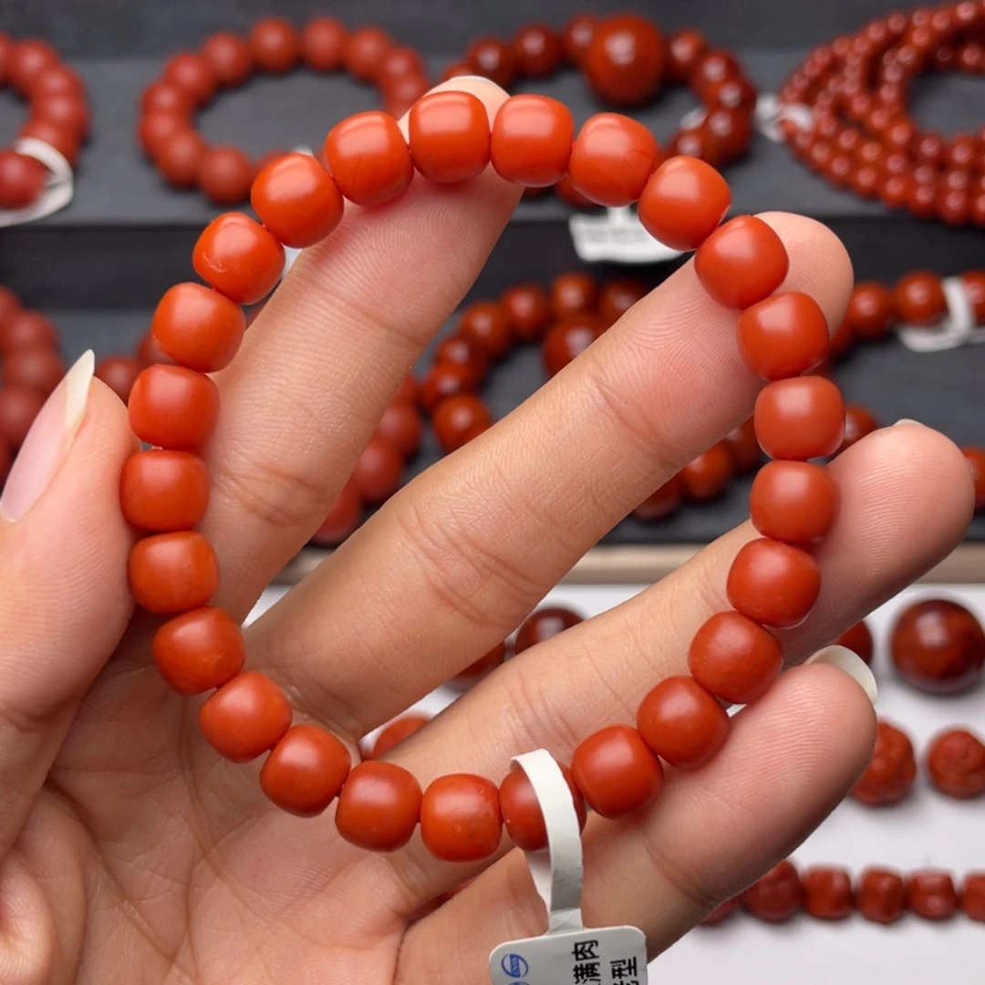 南红玛瑙未镶嵌手串H8mm收藏保山满红满肉柿子红老型手串