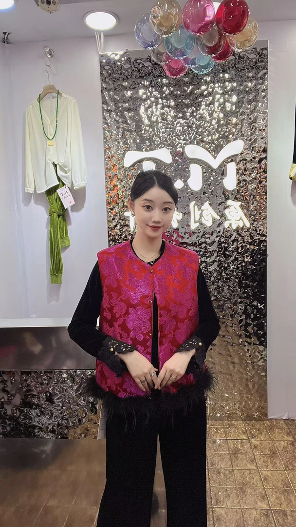 复古中国风新中式拼接毛毛马甲轻奢加薄棉上衣