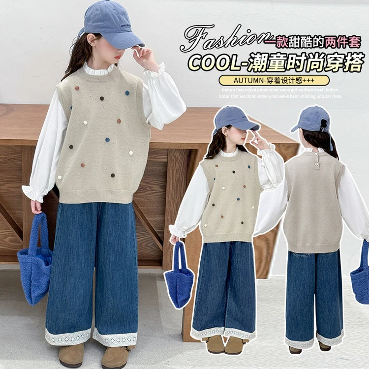 女童韩版套装春秋新款中大童毛线背心衬衫假两件牛仔裤小女孩洋气