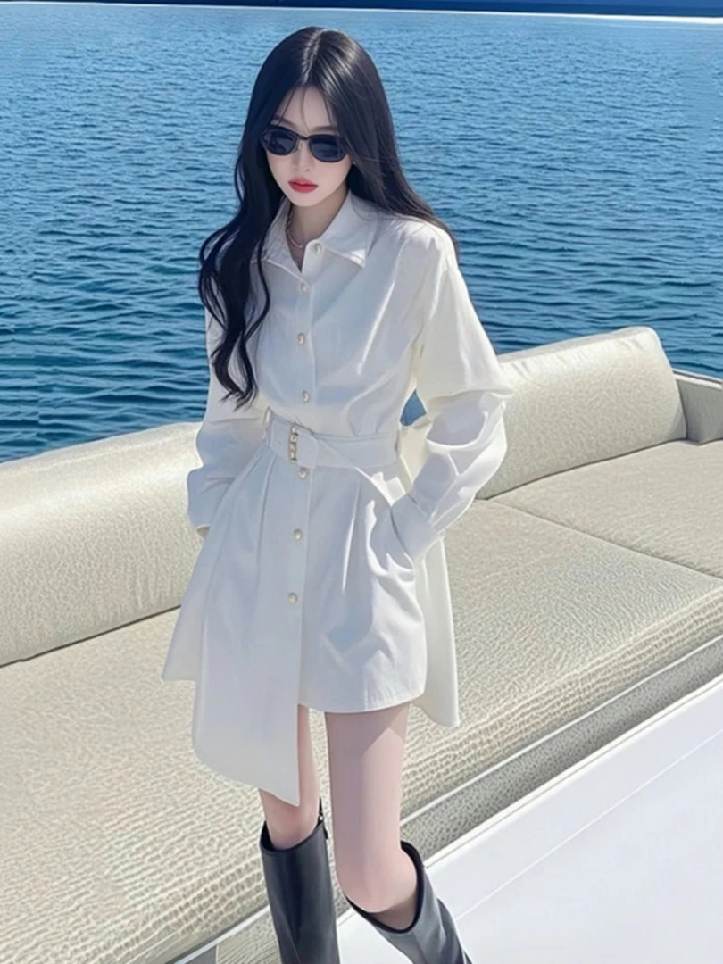 气质轻奢翻领衬衫连衣裙女2025春季新款收腰显瘦不规则短裙高级感