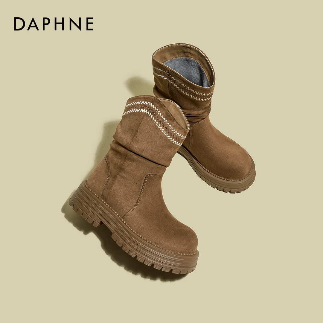 达芙妮棕色西部靴女2025秋季新款百搭时尚短靴厚底复古小众堆堆靴