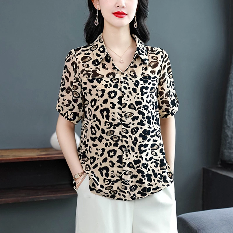 时尚百搭短袖衬衫女2025夏季新款大码遮肚子减龄女士夏装翻领衬衣