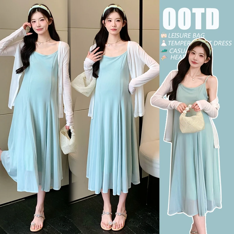 时髦孕妇装新款夏季薄荷绿洋气显瘦气质网红款时尚连衣裙防晒套装