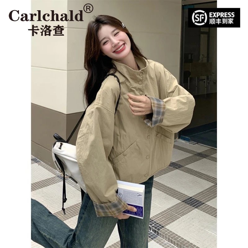 CARLCHALD卡洛查格纹双面工作服风衣女式短外套2025春秋季新款小