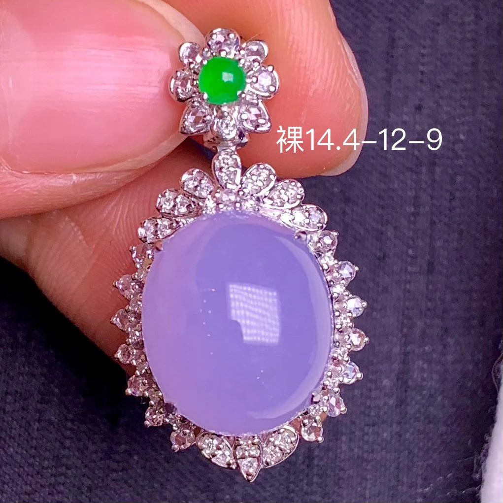 冰紫蛋面翡翠吊坠 颜色鲜艳 冰润光泽 光感十足 镶嵌精致