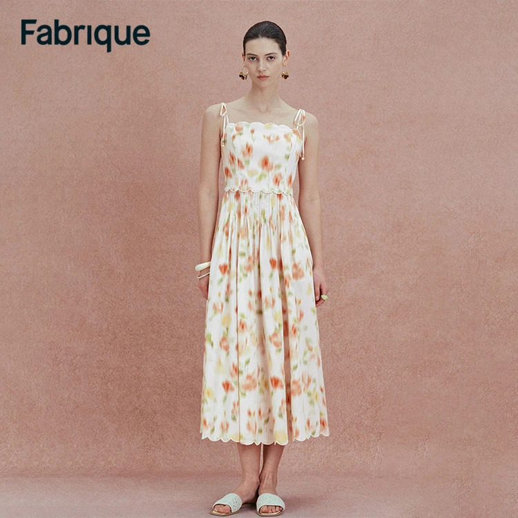 Fabrique Julia 春夏新款玫瑰晕染印花棉质刺绣花边吊带连衣裙
