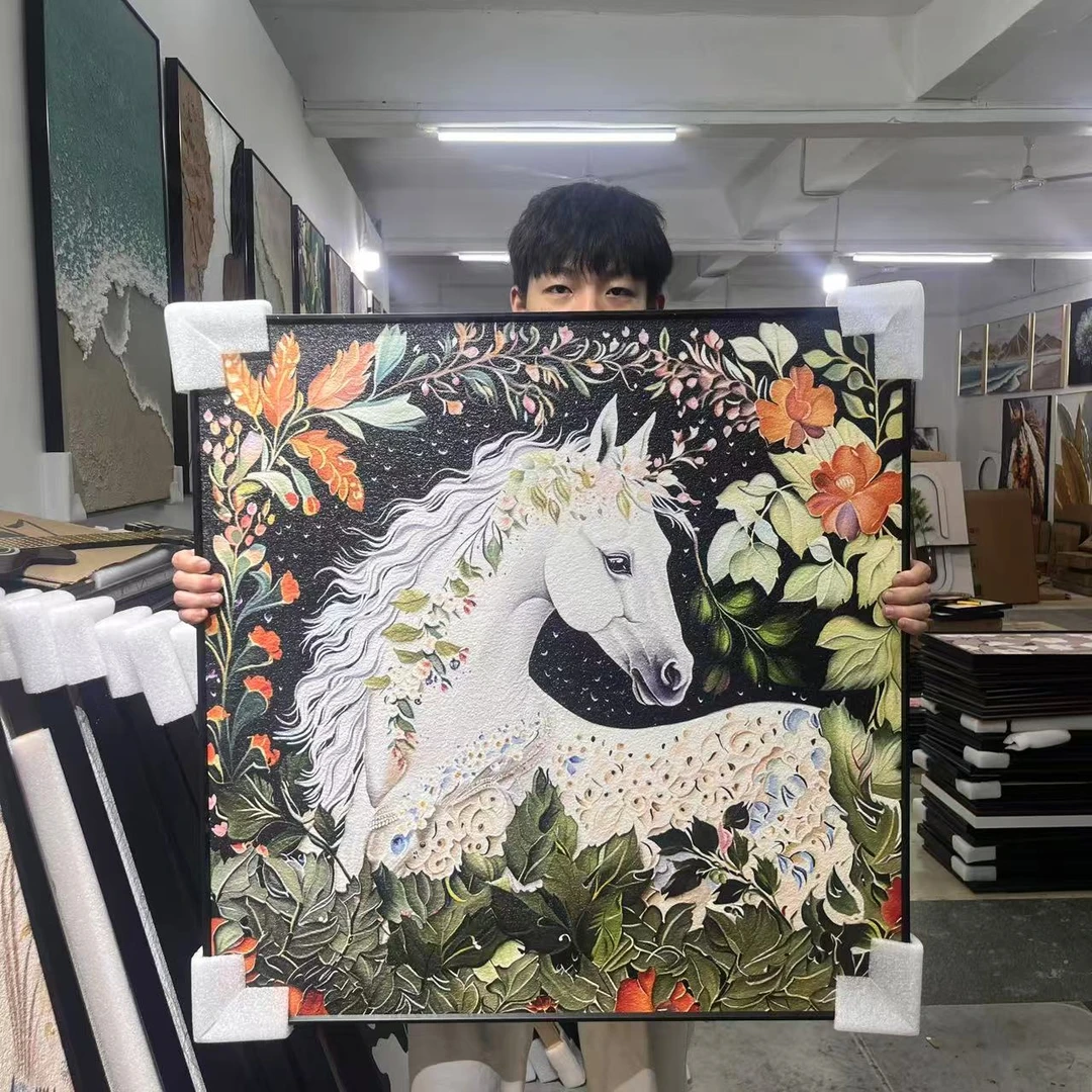 美式复古丝巾骏马画适合玄关走廊书房的客厅装饰画8080