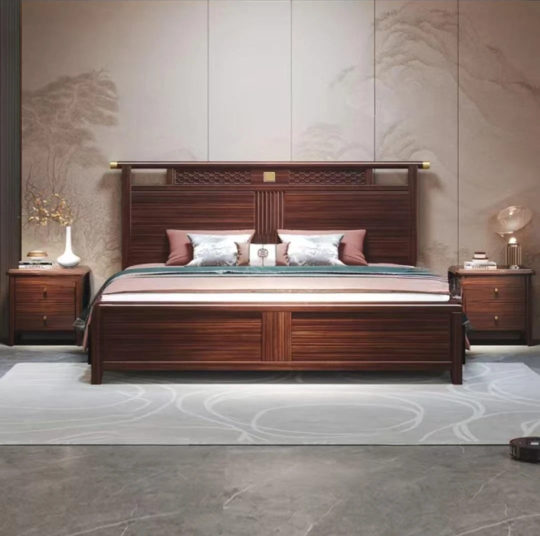 现代中式乌金木全实木床官帽主卧双人软包床储物床单人1.2米床2米