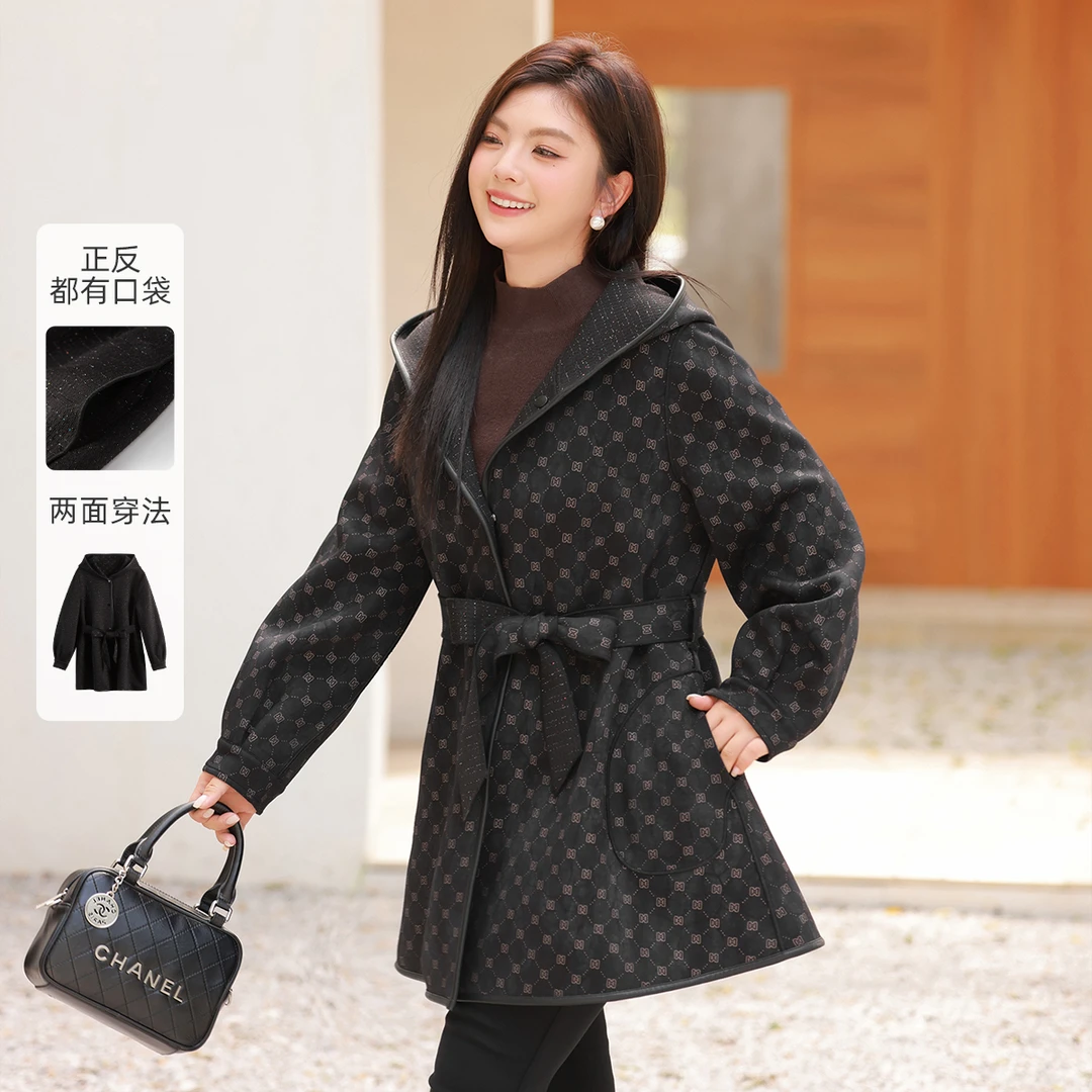 【加厚磨毛闪粉针织两面穿外套】MsShe大码女冬可拆腰带A~B2411063