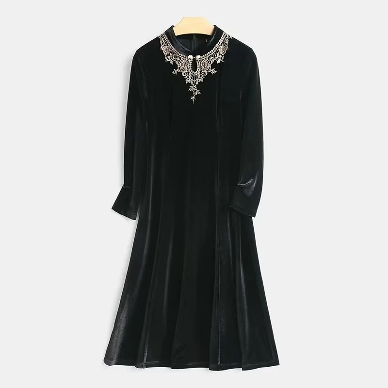 中腰套头长袖静奢风连衣裙气质轻奢黑色长款优雅