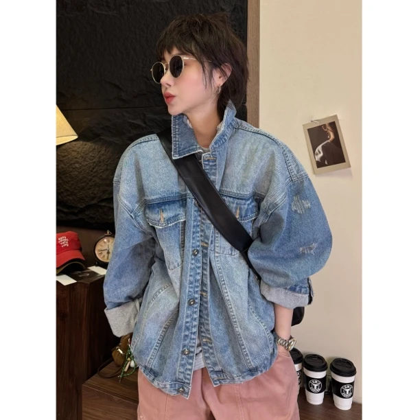 HY1987春秋慵懒磨破洗水怀旧复古牛仔外套韩版设计感ins宽松休闲