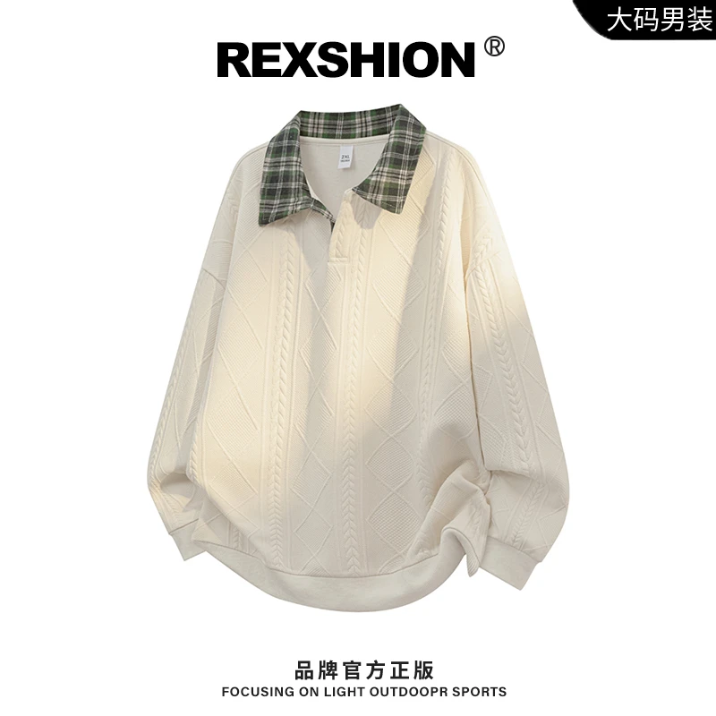 REXSHION秋季新款翻领提花长袖男士美式复古潮流休闲宽松百搭上衣