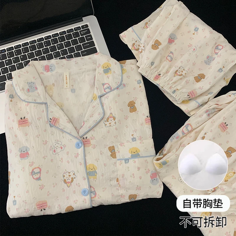 【带胸垫】固定胸垫睡衣女春夏季短袖短裤三件套大码学生甜美家居服