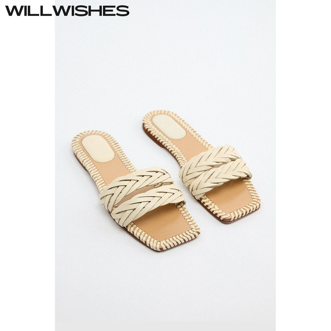 WILLWISHES/王玎原创设计女鞋夏季编织带平底鞋一字凉拖鞋女外穿