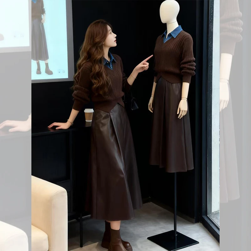 韩系秋冬穿搭一整套女装小众炸街高级感咖色假两件上衣皮裙两件套