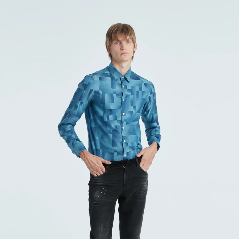 RARE威雅湖蓝色不规则格纹提花长袖衬衫 男士衬衫