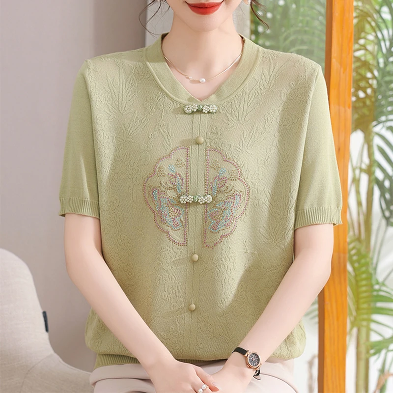 妈妈夏装针织短袖上衣2025新款中老年女装遮肉显瘦洋气T恤两件套