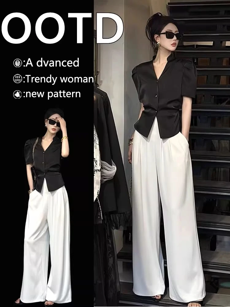 夏季新款干练气质女装职业套装轻奢高级感御姐衬衫阔腿裤两件套装