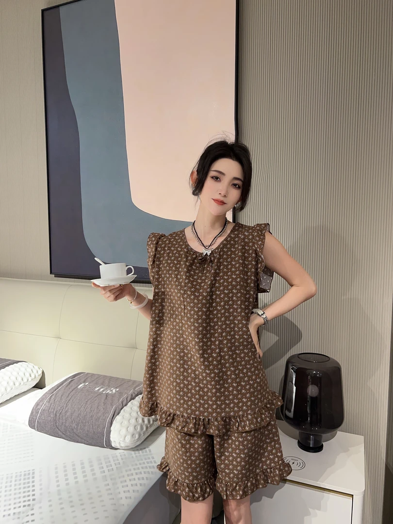 绵绸坎袖新款夏季碎花复古大码胖mm宽松睡衣大领口不带胸垫可外穿