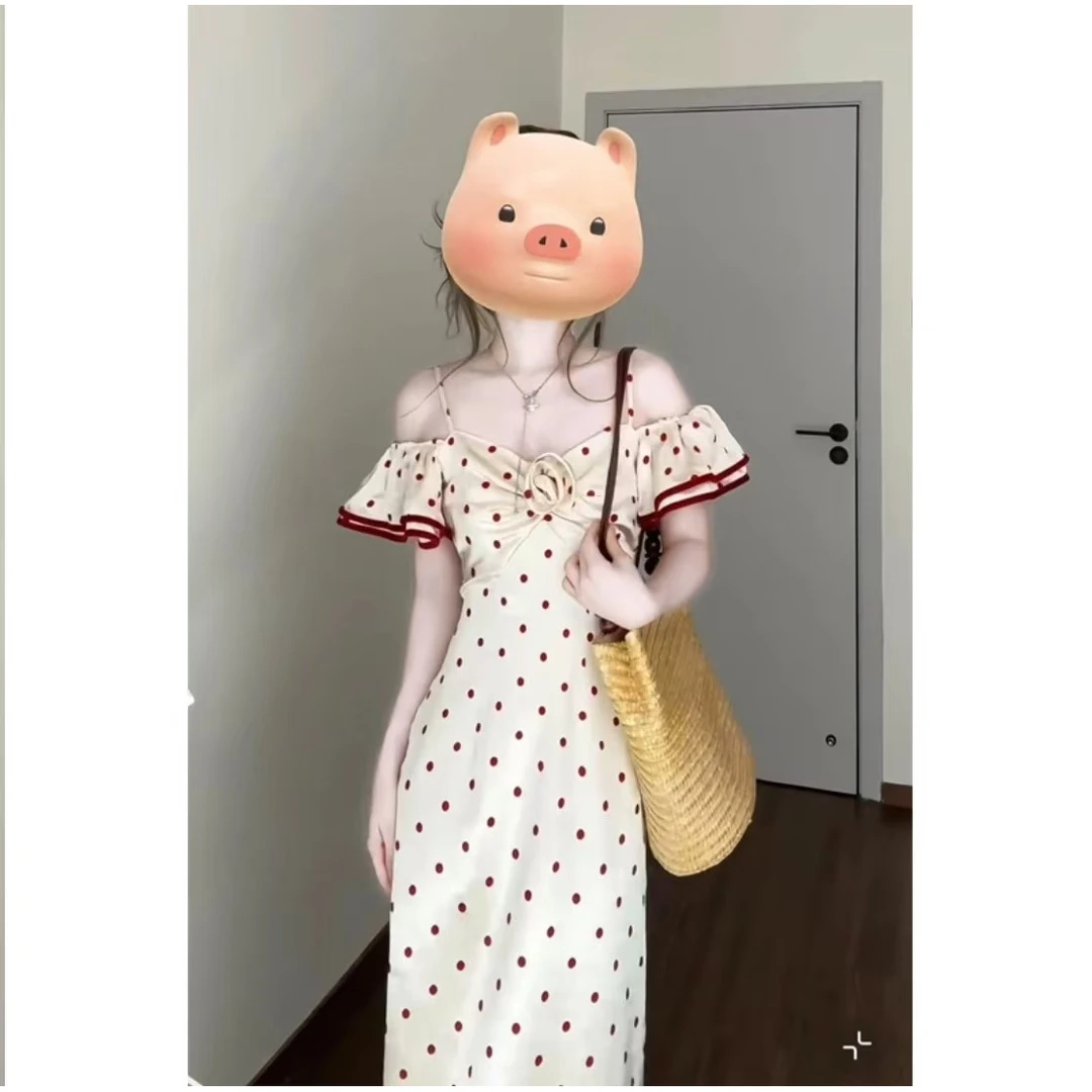 2025法式优雅复古红色波点连衣裙气质一字肩立体花朵礼服长裙套装