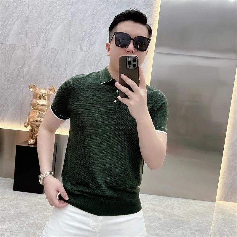夏季韩版纯色设计感冰凉短袖POLO衫男时尚修身百搭弹力针织打底衫