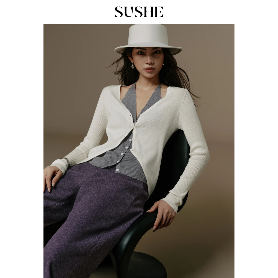 束皙SUSHE 柔弧 设计感短款叠穿内搭挂脖系带背心假两件针织开衫