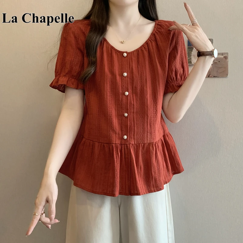 拉夏贝尔大码胖mm夏季2025女装休闲拼接短袖衬衫宽松显瘦减龄上衣