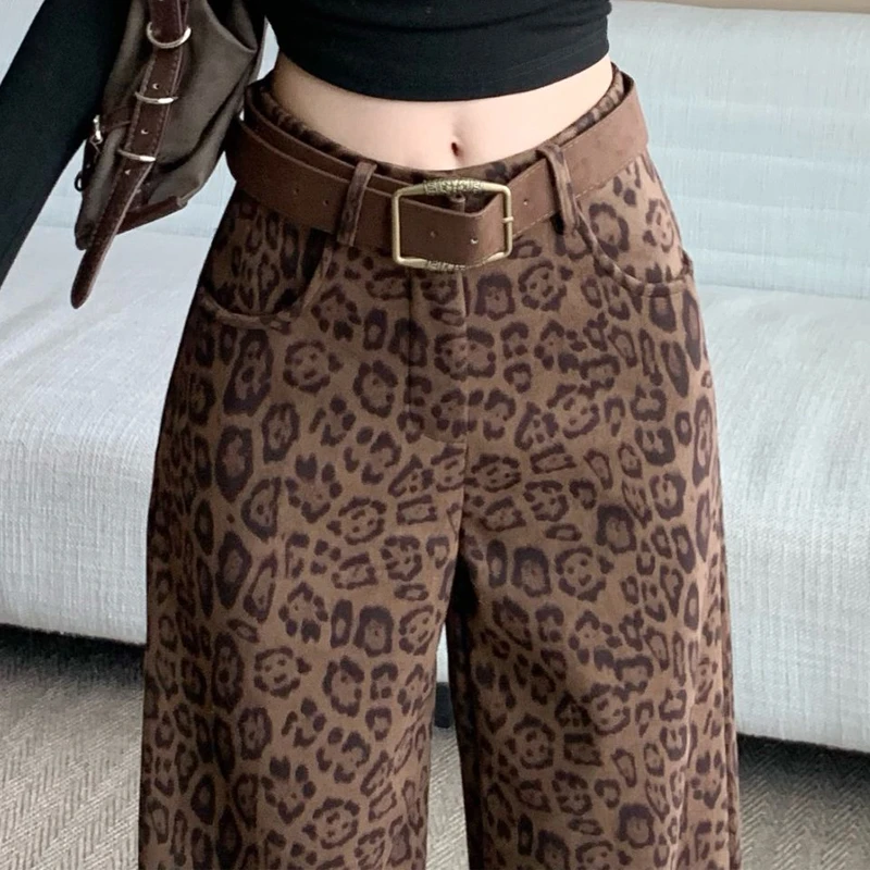美式复古PU皮绒豹纹阔腿裤女秋冬高腰宽松显瘦垂感直筒休闲拖地裤