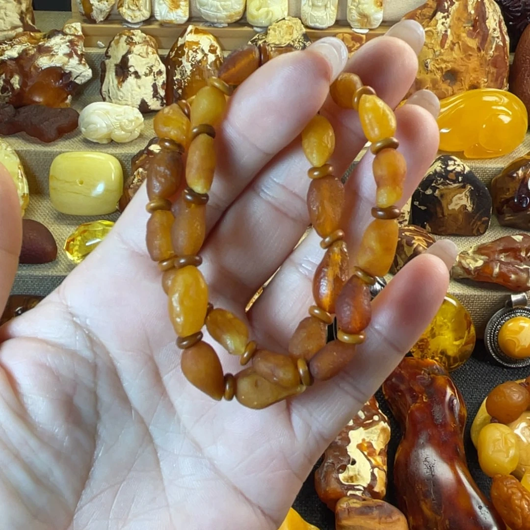 裸石琥珀未镶嵌天然蜜蜡海漂双圈手串