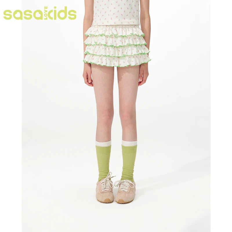 sasakids碎花全松紧腰腹层层波浪花边短款蛋糕裙裤甜美半裙短裙