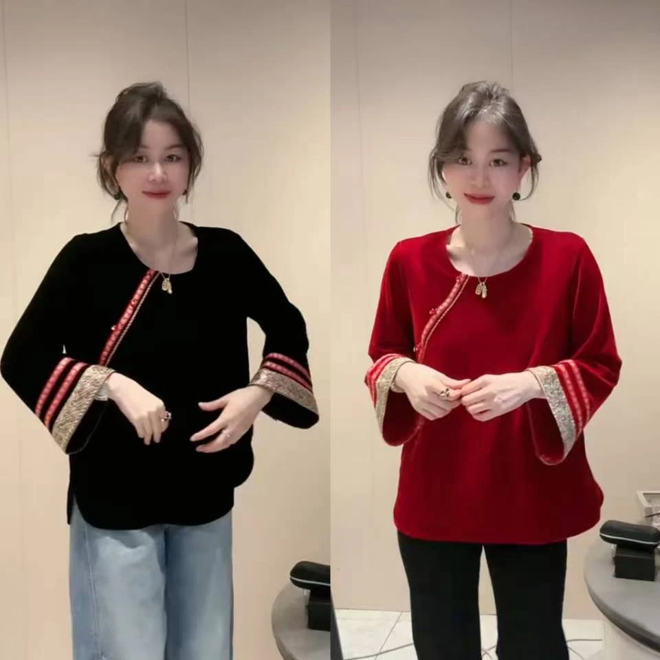 2025新中式复古国风网红爆款时尚百搭显瘦气质洋气女款丝绒打底杉