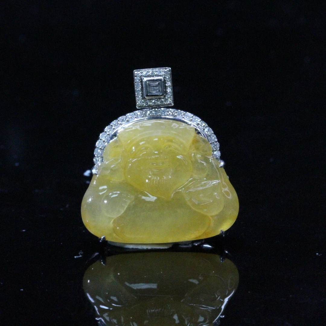 天然缅甸翡翠A货18K金镶黄翡招财纳福财神吊坠/1226116/拍卖