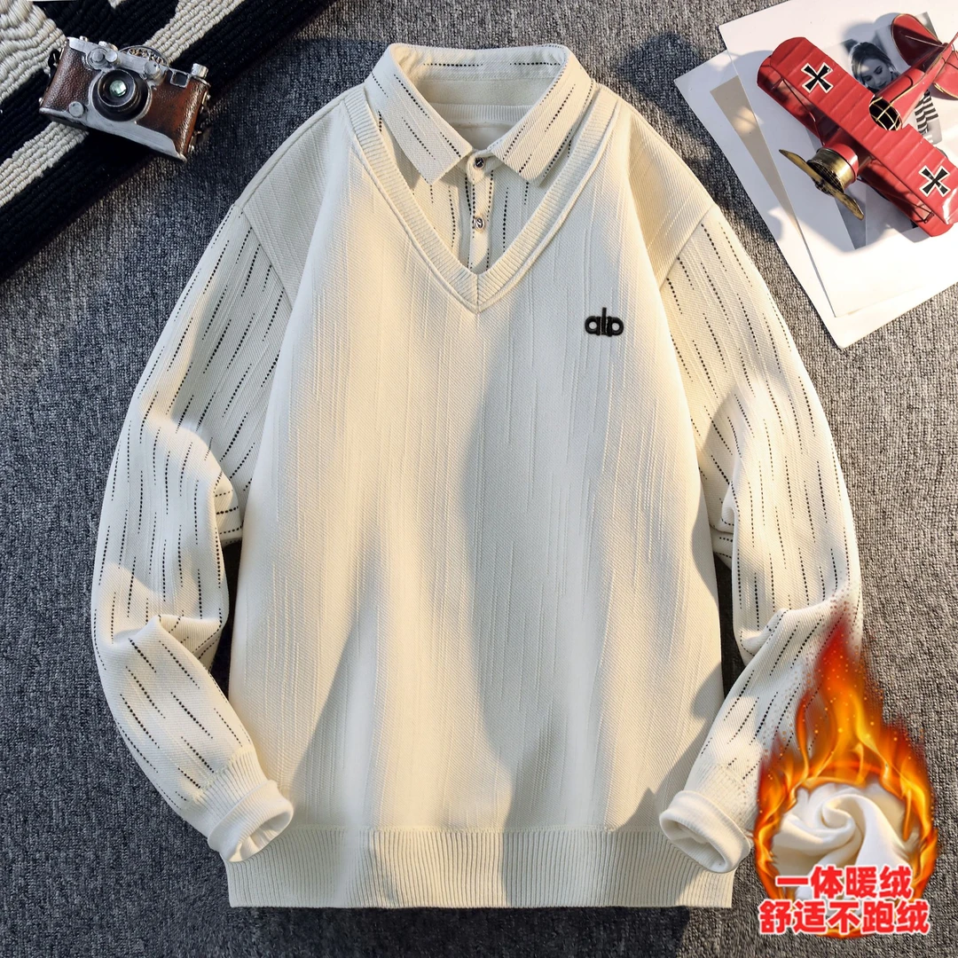 冬季保暖男衬衫领秋冬毛衣针织衫打底衫加厚舒适港风