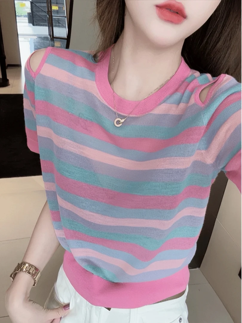 【芳芳惊喜】撞色条纹拼接圆领针织衫夏季2025宽松休闲短袖洋气上衣