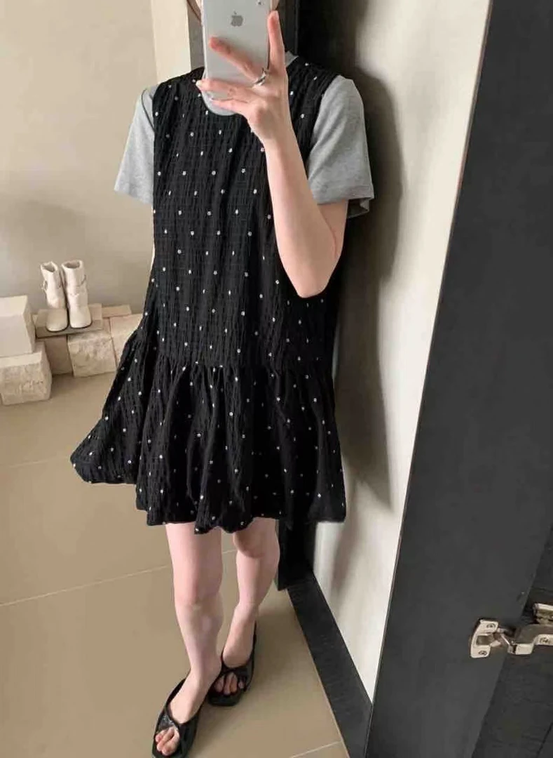 圆领无袖印花背心夏季方领连衣裙公主圆点波点洋气