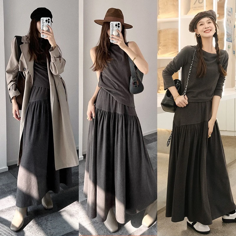 【特价捡漏】艺术展套装清冷磨毛半高领背心长袖T半身裙美洋MEIYANG