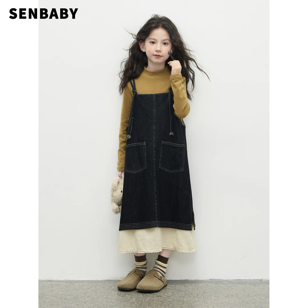 senbaby女童秋冬新款洋气牛仔吊带裙时尚拼接下摆背带连衣裙