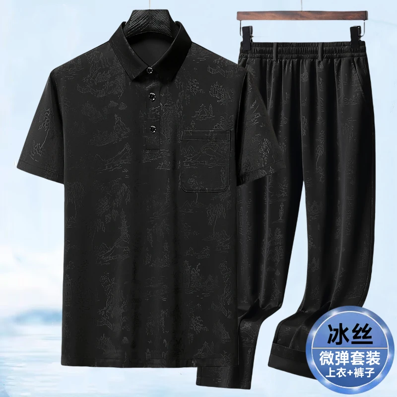 男士冰丝无痕短袖polo衫套装夏季新款中老年人男装商务休闲两件套