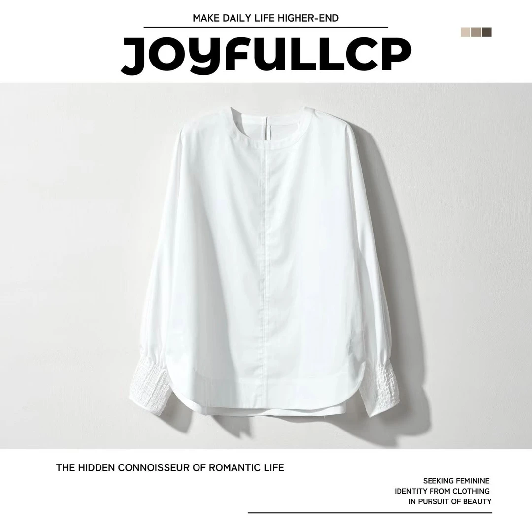 春季圆领不褪色衬衫立领百搭衬衣时尚春夏宽松休闲设计感白色