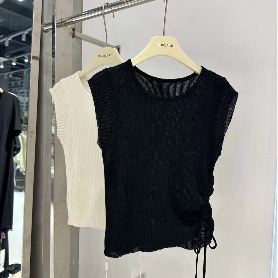 贝姐同款【2116】夏季新款~超好看抽绳显瘦百搭薄针织短袖sasa