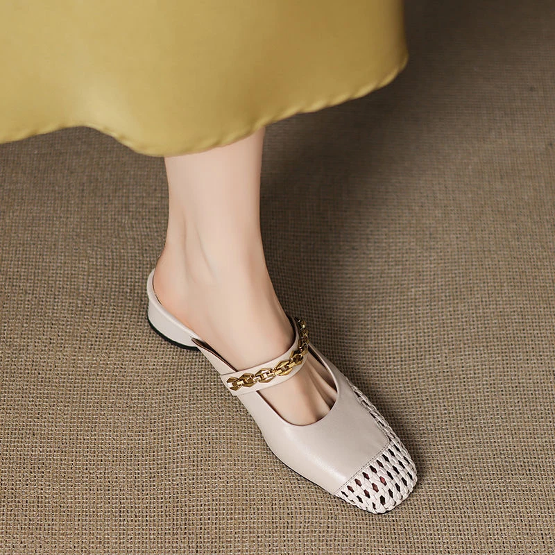 拖鞋女款2025新款爆款包头半拖鞋女鞋外穿真皮粗跟百搭中跟懒人拖