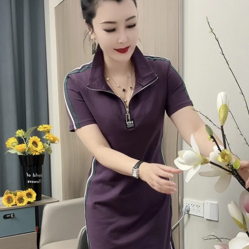 849翻领女士polo拼接夏季收腰POLO领修身连衣裙减龄加宽加大女装