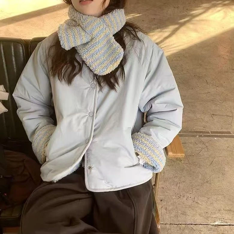 包包专属大码秋冬季新款配围巾加厚韩系双面穿摇粒绒棉服外套5607