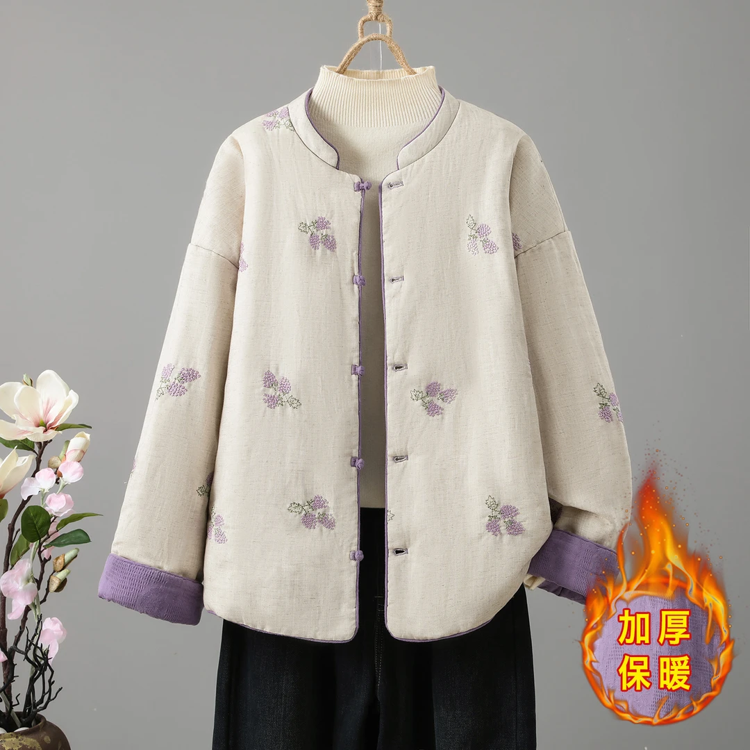 秋冬季时尚款小葡萄刺绣两面穿棉衣亚麻刺绣棉服中式加厚棉衣外套