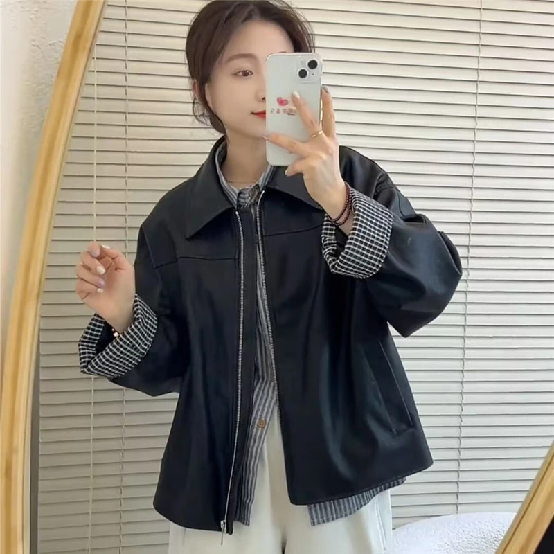 2025春季新复古高级感翻领黑色pu皮衣外套女小个子休闲宽松夹克